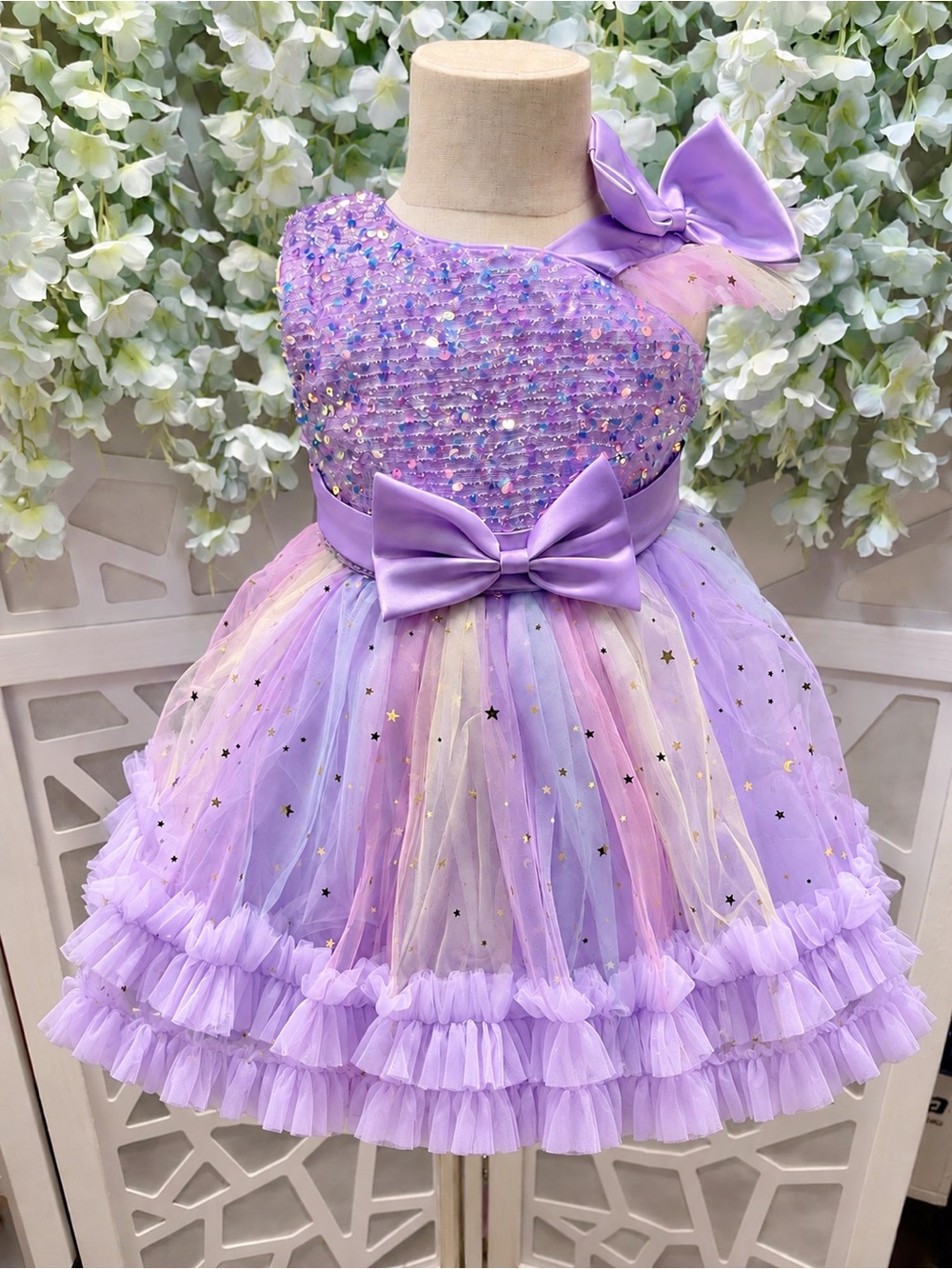 Source Unknown Lavender Sequin Tulle Party Dress with Bows